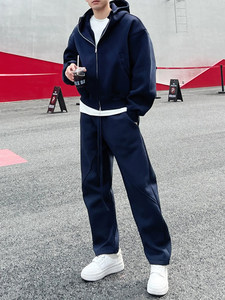 春秋时尚连帽运动休闲套装潮流男情侣纯色外套长裤青年百搭两件套