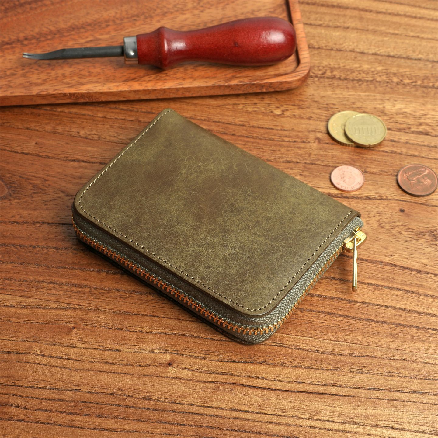 PUEBLO磨砂植鞣皮男女短款头层牛皮钱包YKK拉链钱夹真皮小零钱包