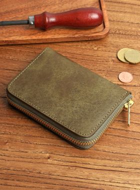 PUEBLO磨砂植鞣皮男女短款头层牛皮钱包YKK拉链钱夹真皮小零钱包