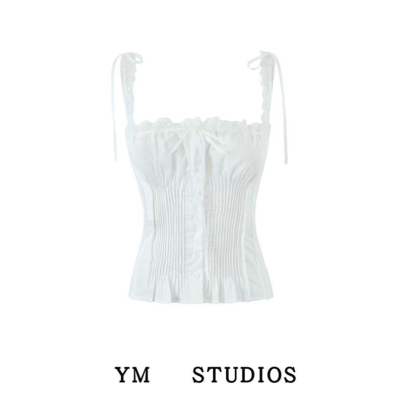 【包邮】美式高级感白色蕾丝花边肩带背心辣妹小打褶公主吊带外穿