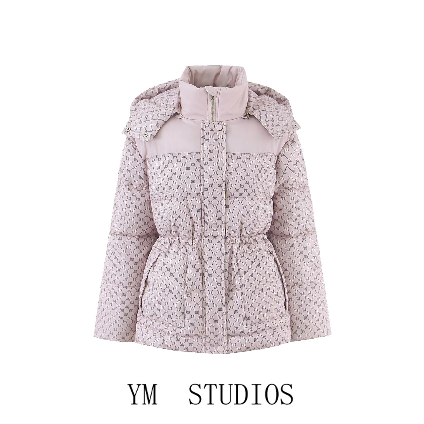 欧美女装   博主风连帽印花收腰抽绳棉服女裸粉色保暖加厚棉袄冬