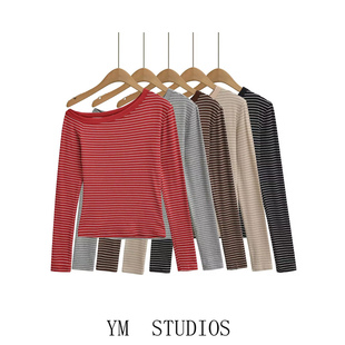 欧美女装 美式辣妹风斜肩拼色条纹长袖T恤女不对称性感露肩上衣