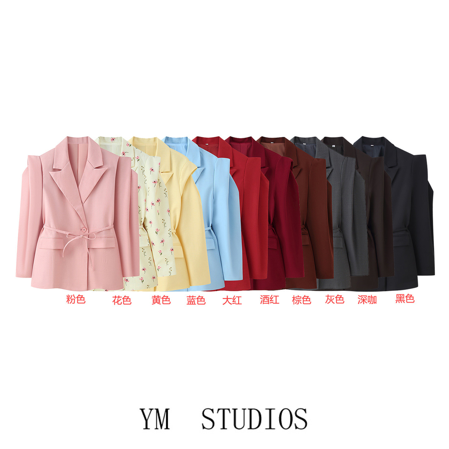 欧美女装   法式轻熟风收腰系带泡泡袖宽肩西装优雅职业装外套春