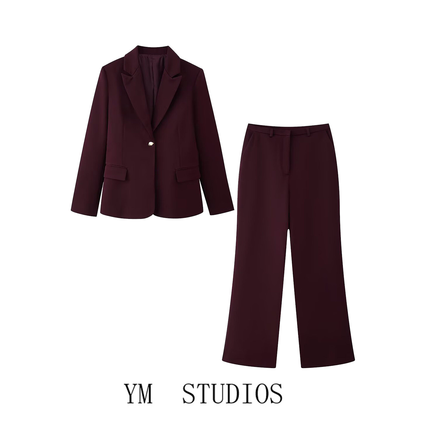 欧美女装   欧美风一粒扣带垫肩西装外套女+高腰职场长裤职业套装