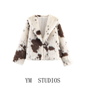 保暖 奶牛纹人造仿皮草效果外套冬季 法式 长毛绒外套时尚 欧美女装