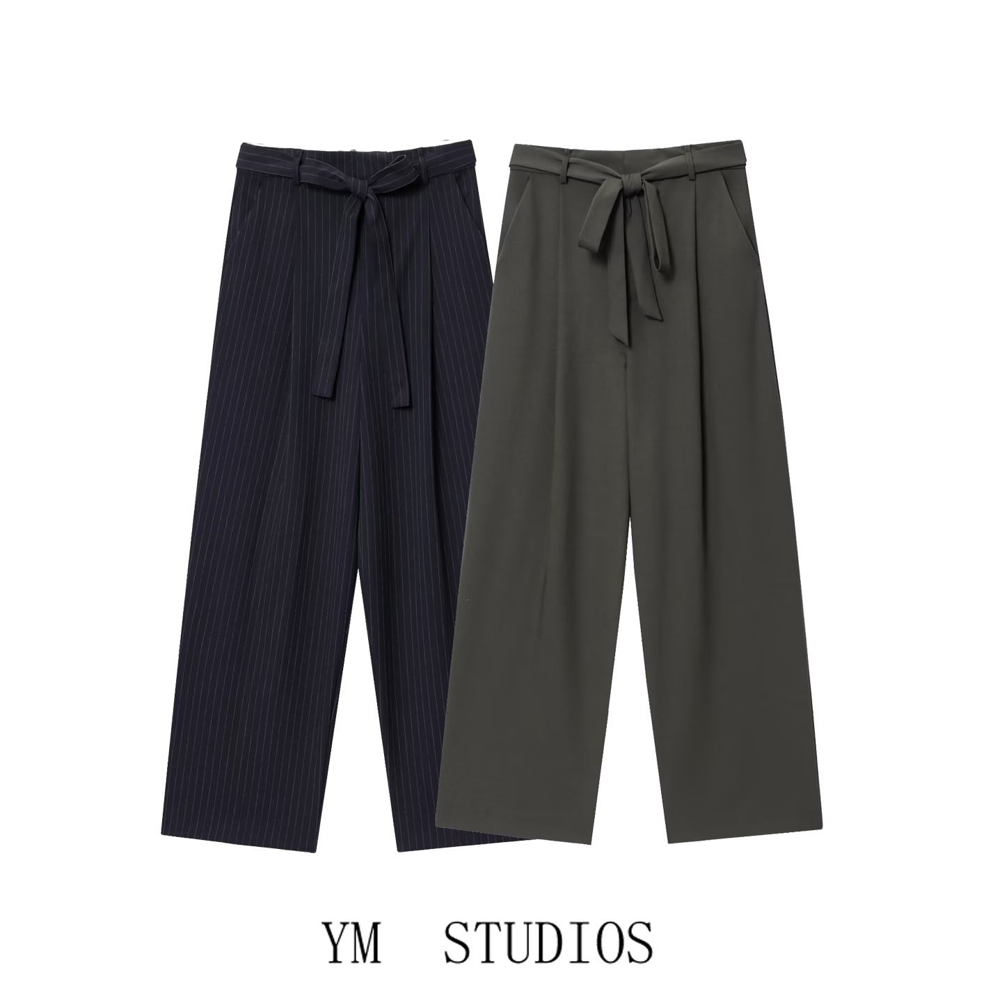 欧美女装   美式风高腰系腰带褶皱直筒裤女垂感显瘦极简西装裤子