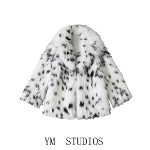 欧美女装   法式黑白斑点提花人造皮草效果毛毛外套加厚短款大衣