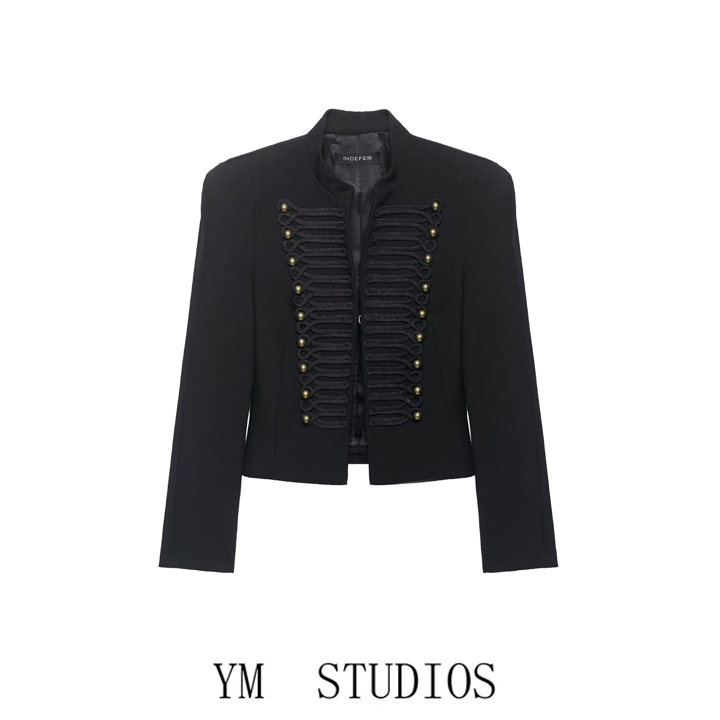 欧美女装    美式黑色带垫肩修身开衫小西装女金属扣装饰短款外套