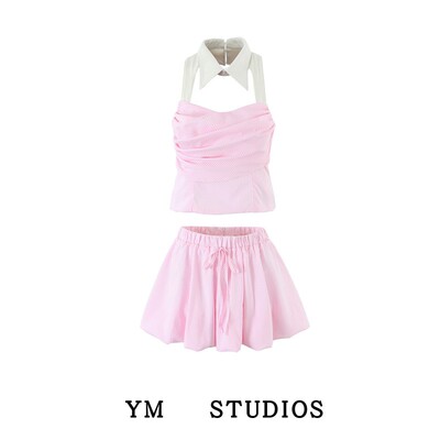 【包邮】夜店风粉色条纹挂脖低胸吊带背心+高腰少女感半身裙套装