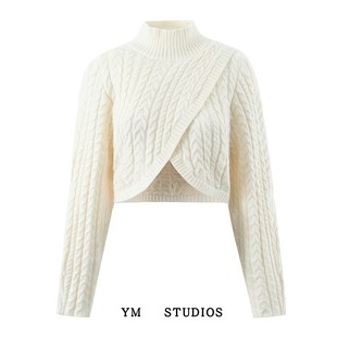 个性 高领交叉纯色针织衫 ins早春新款 时尚 毛衣套头衫 设计短款 港式