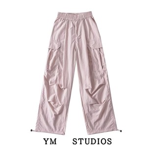 运动裤 弹力直筒阔腿裤 高腰松紧纯色冲锋衣面料休闲裤 澳洲小众女装