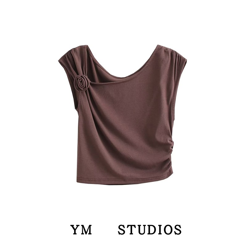 花朵装饰无袖斜肩辣妹短款