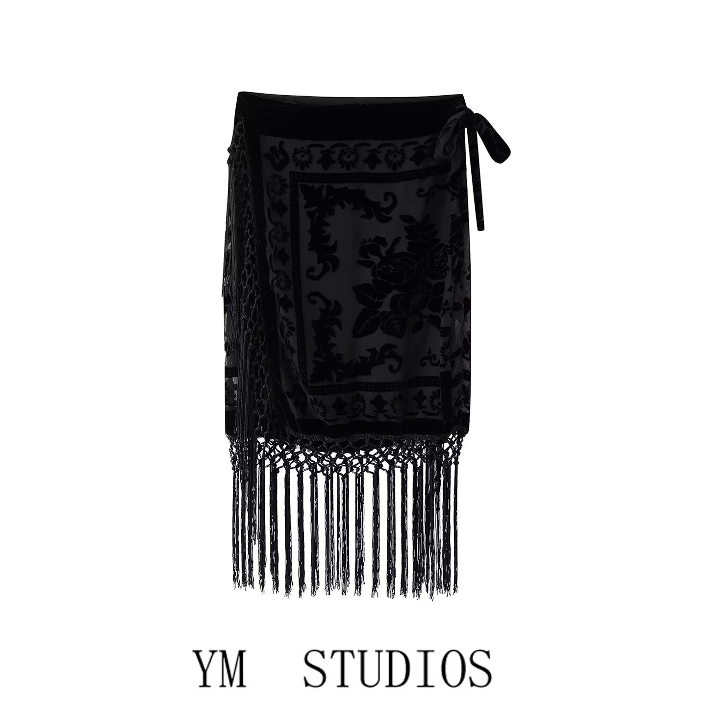 欧美女装   设计感流苏下摆丝绒半身裙拉丁舞黑色裹身式复古长裙