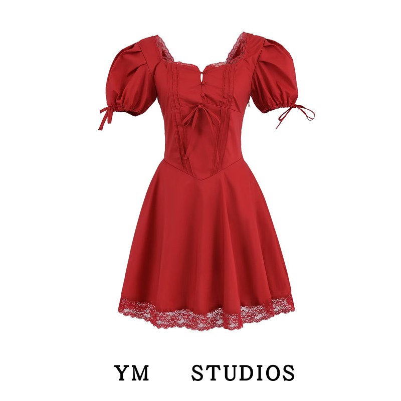 法式复古泡泡袖收腰连衣裙