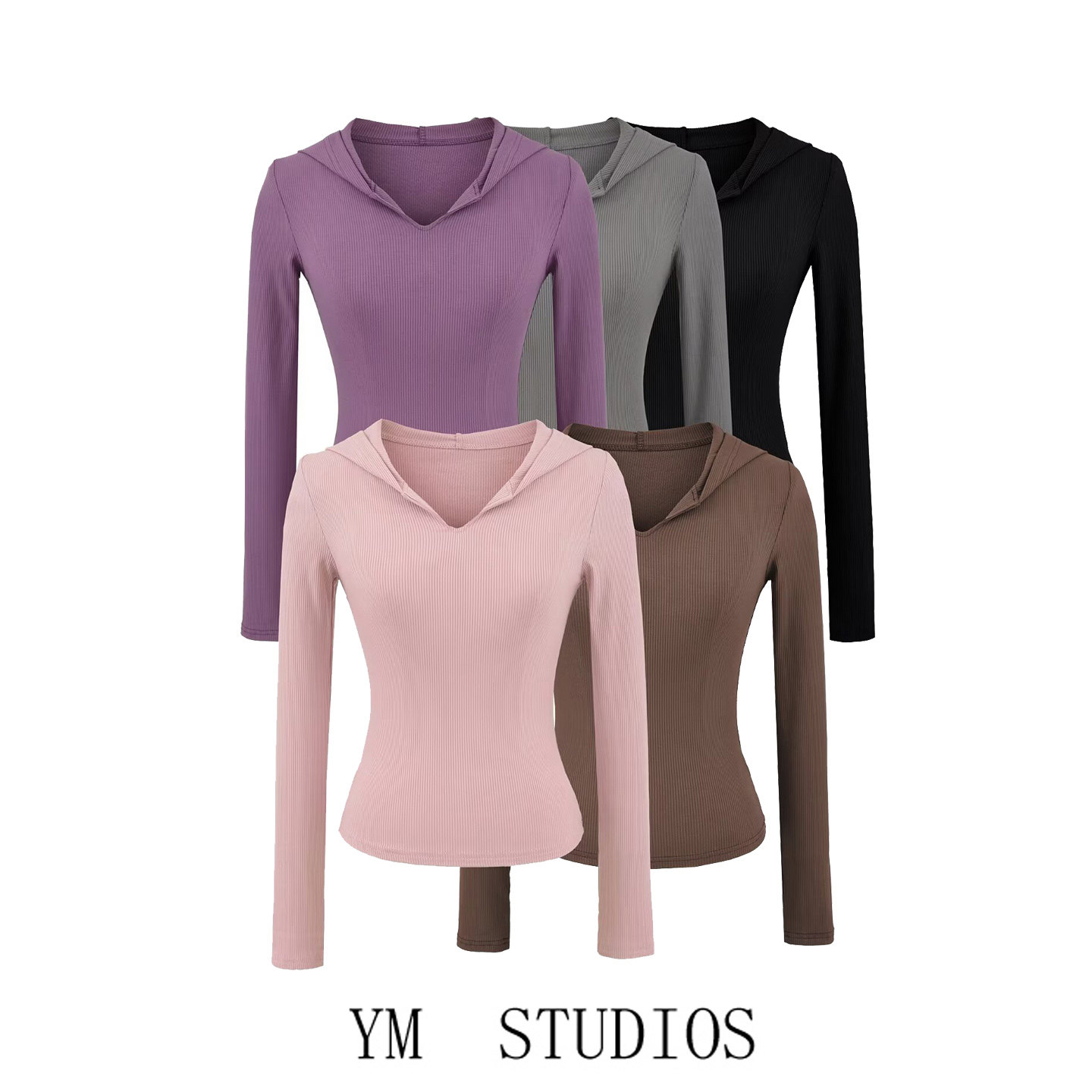 欧美女装   纯欲风V领连帽长袖t恤女紧身性感小个子短款打底上衣