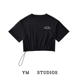 校园风下摆抽绳设计宽松t恤女ins夏季圆领短袖青春系短款棉质上衣