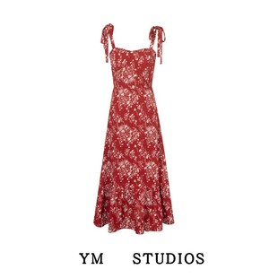 【包邮】澳洲田园风红底碎花吊带长裙松紧打揽无袖欧美风连衣裙夏