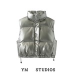 法式小香风ins女式马甲立领无袖金属科技面料羽绒外套拉链小棉衣