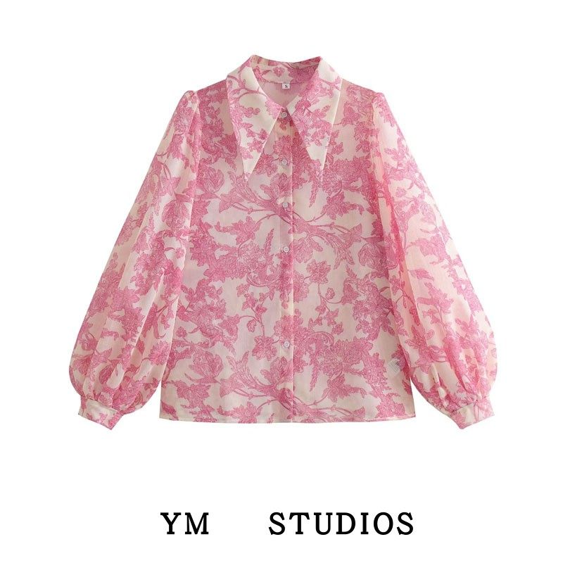 粉色印花泡泡袖衬衫2023新品