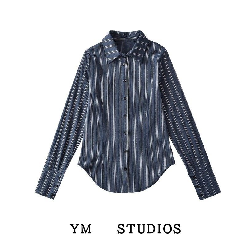 【包邮】法式校园风复古修身条纹长袖衬衫女收腰OL翻领春季打底衫