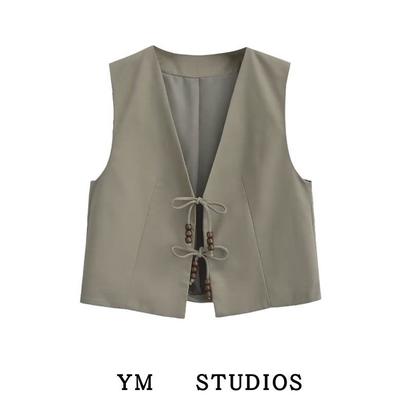 早秋女士马甲背心盘扣亚麻薄款马夹外套纯色短款串珠开衫上衣休闲