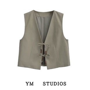 早秋女士马甲背心盘扣亚麻薄款马夹外套纯色短款串珠开衫上衣休闲