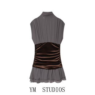 欧美女装   通勤风天鹅绒拼接叠层连衣裙修身小性感女性裙摆短裙