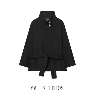 欧美女装    黑色立领收腰系带斗篷式毛呢大衣女短款宽松洋气外套