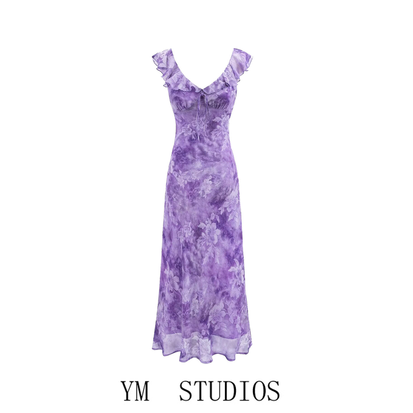 欧美女装   浪漫风紫色V领荷叶边碎花连衣裙收腰气质无袖旅游长裙