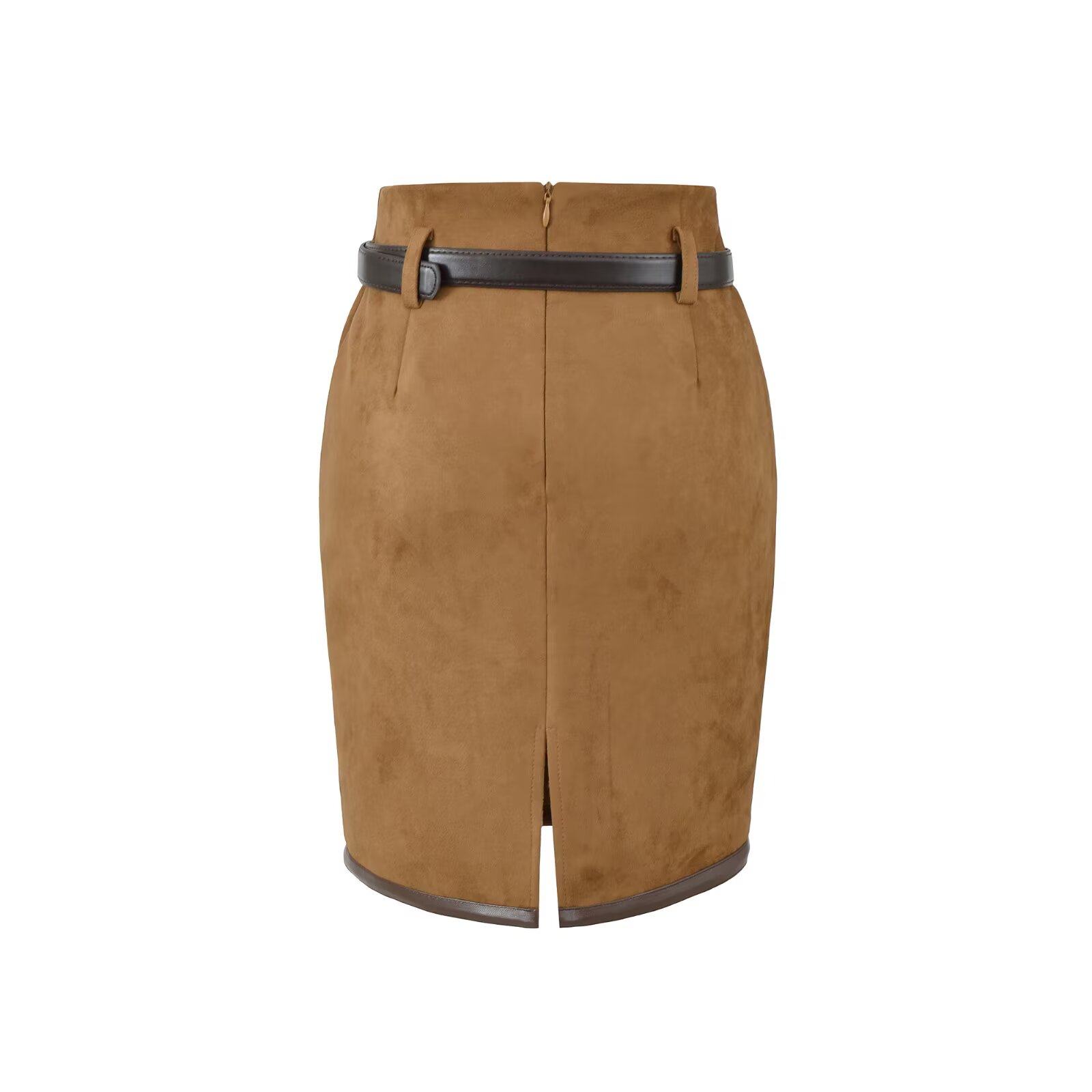 欧美女装   复古麂皮绒高腰包臀半身裙修身职场风配腰带开叉短裙