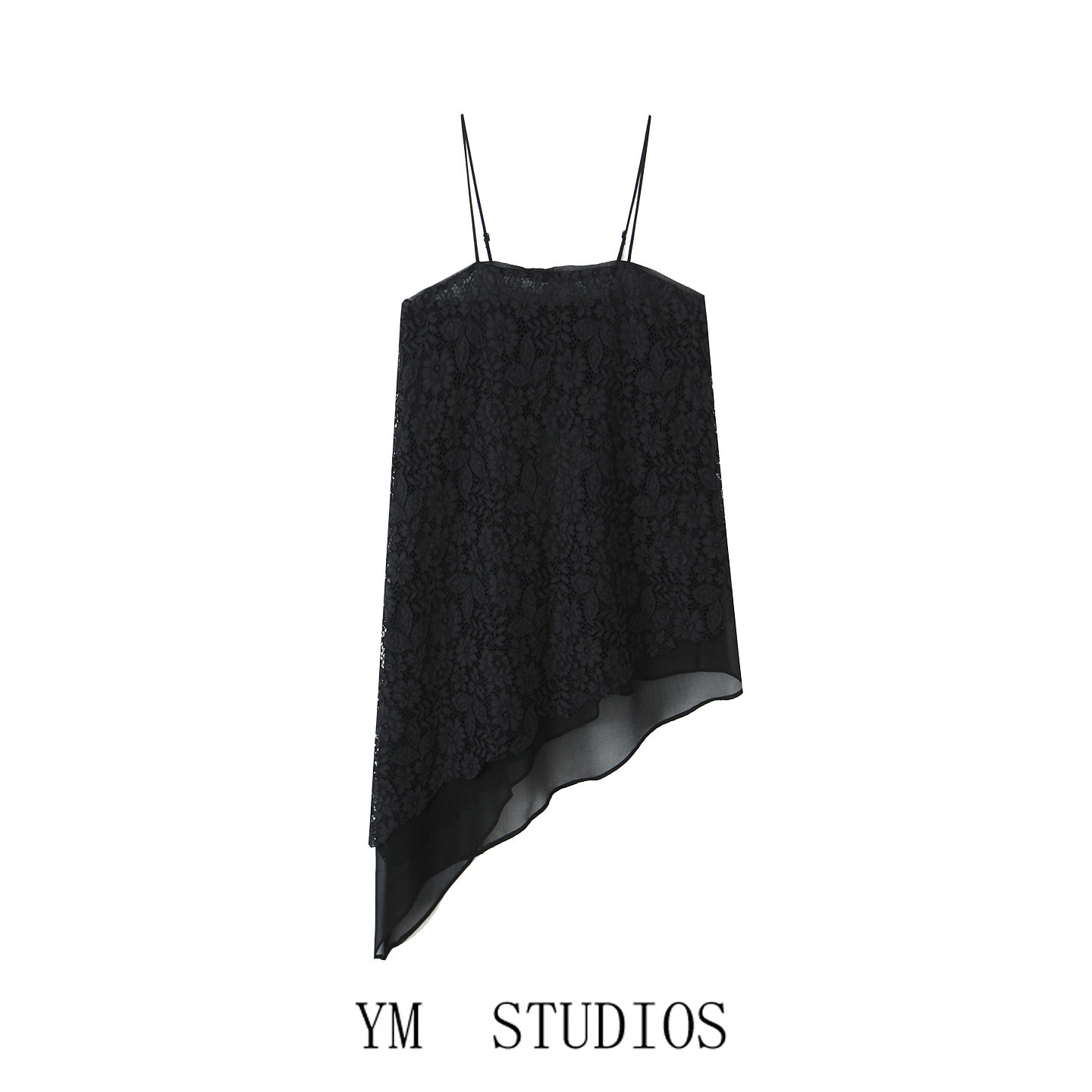 欧美女装    黑色不对称斜边蕾丝吊带衫女中长款火辣外穿性感背心