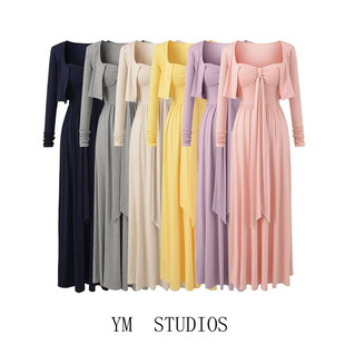 欧美女装  温柔风抹胸绑带带胸垫吊带连衣裙+短款开衫长袖T恤外搭