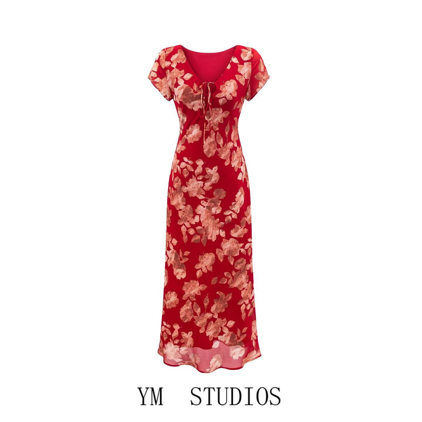 欧美女装   中国风复古红色印花连衣裙V领短袖系带修身古典长裙子