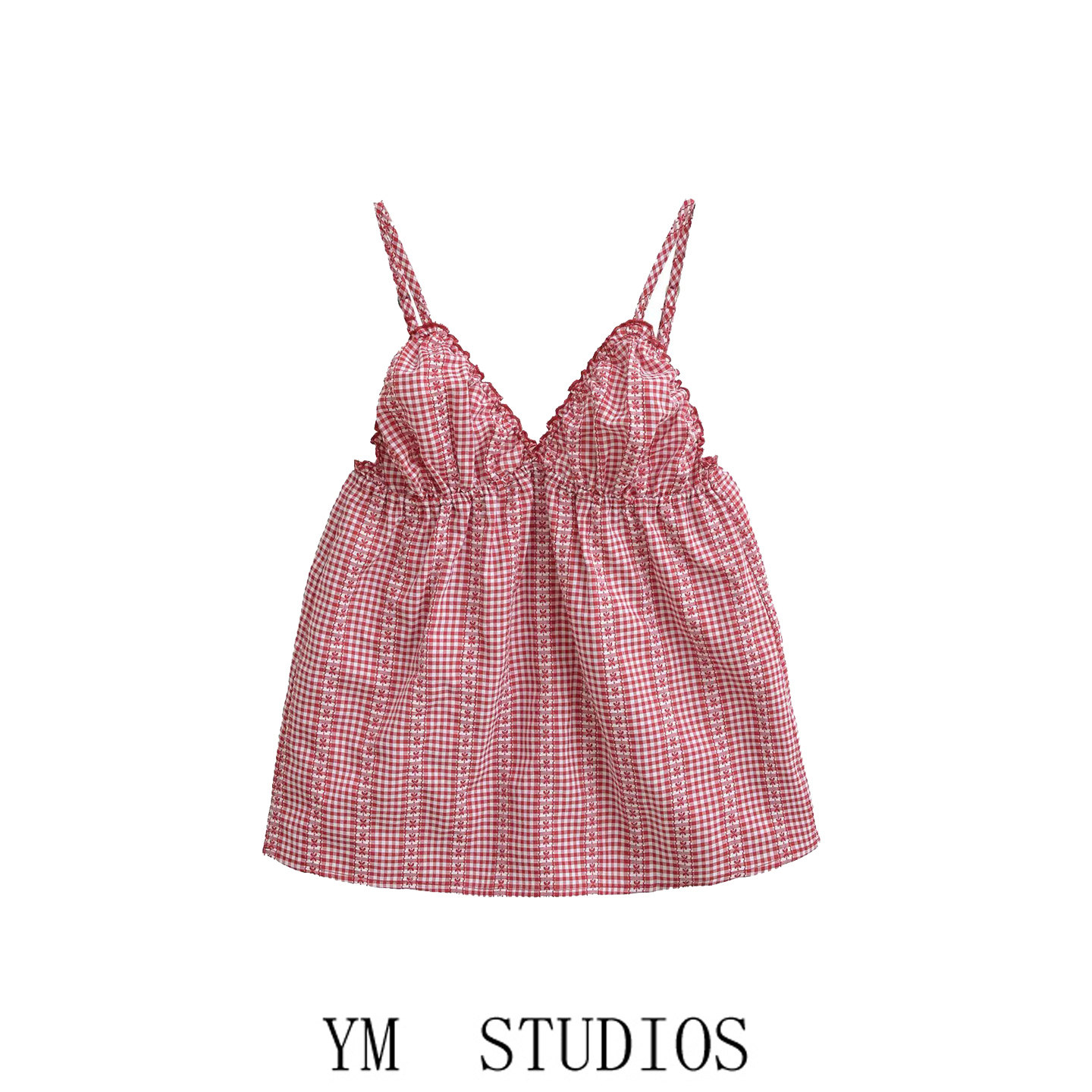 夏季美式格子V领木耳边吊带背心