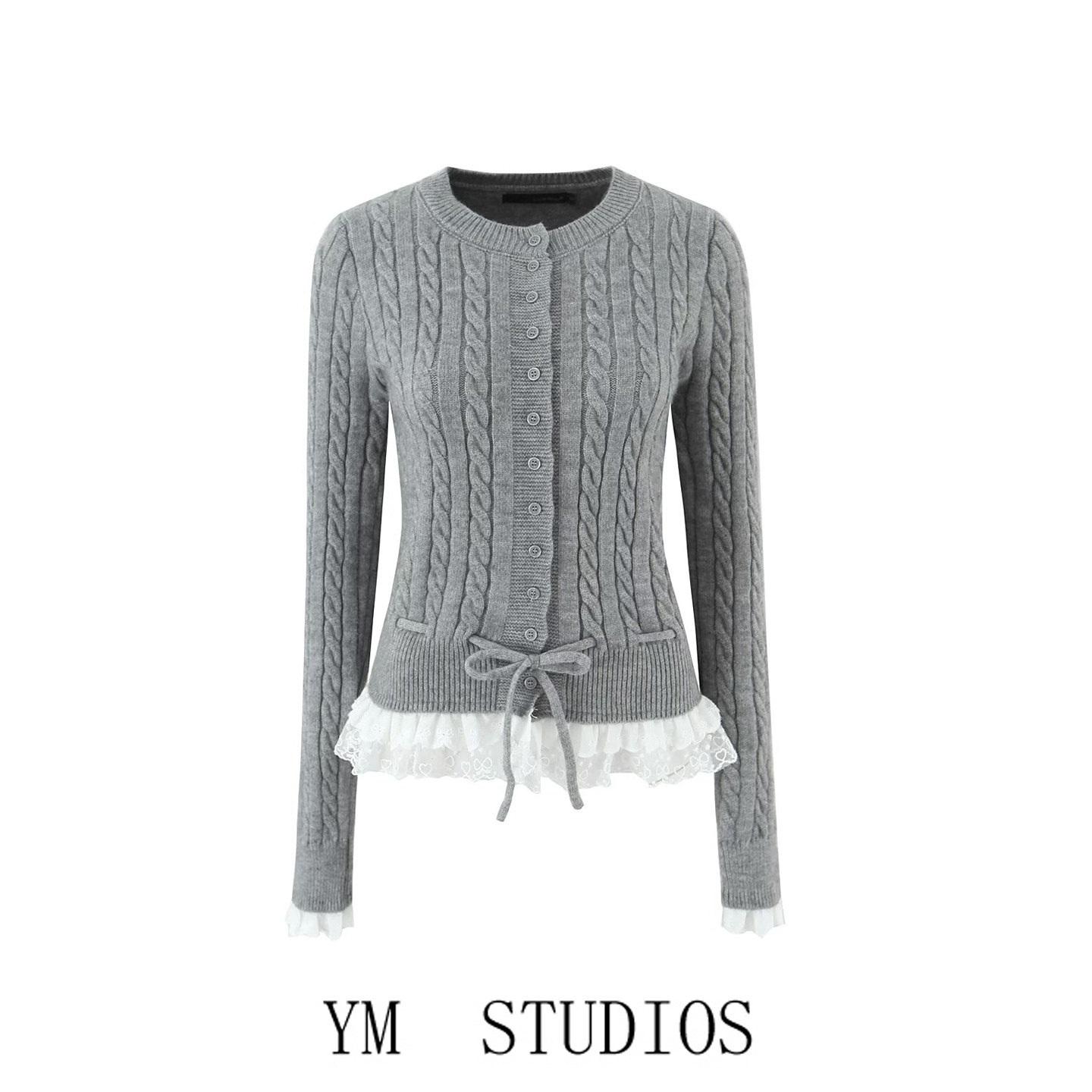 欧美女装   韩系学院风蕾丝花边拼接麻花针织开衫女修身系带毛衣