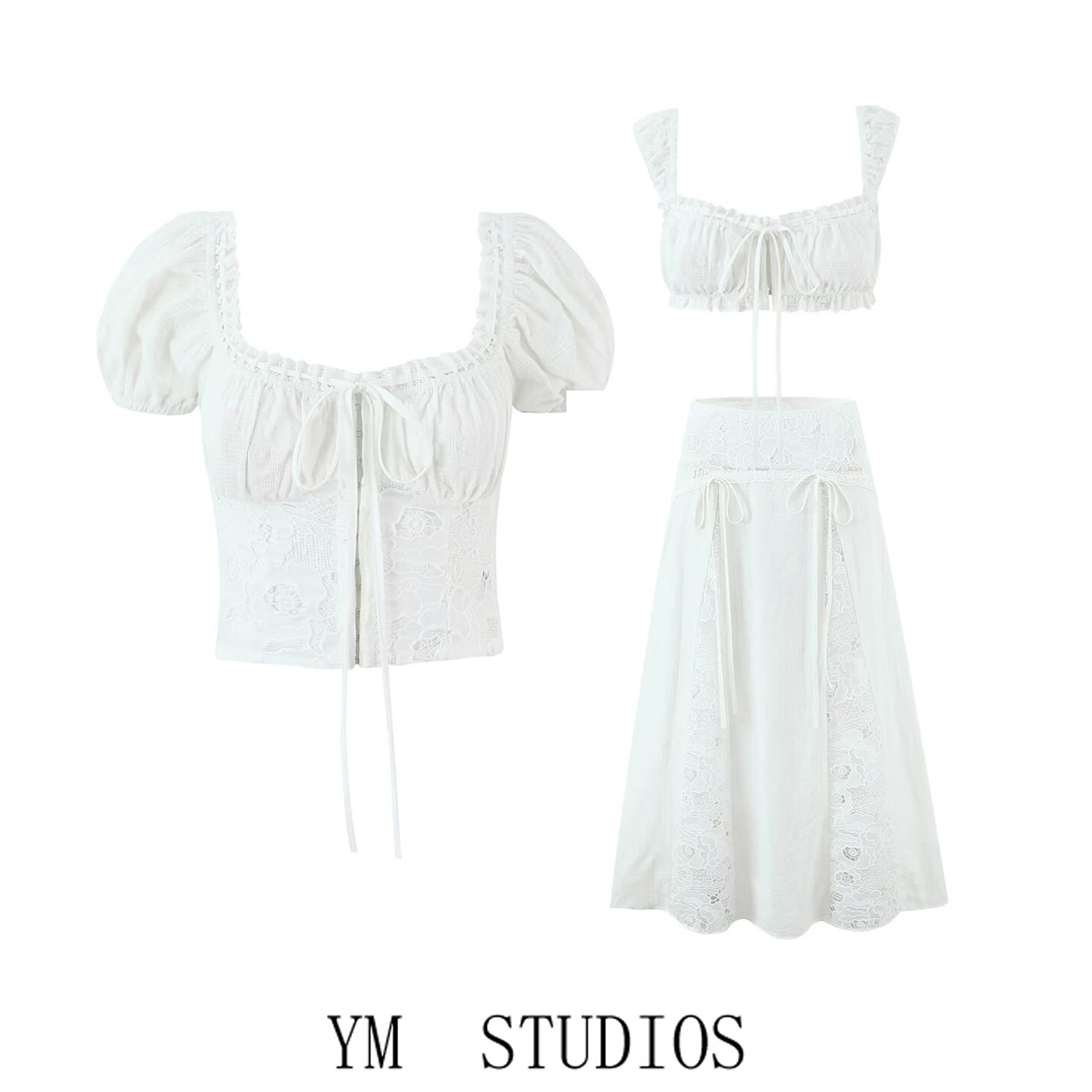 欧美度假蕾丝露腰背心短裙套装