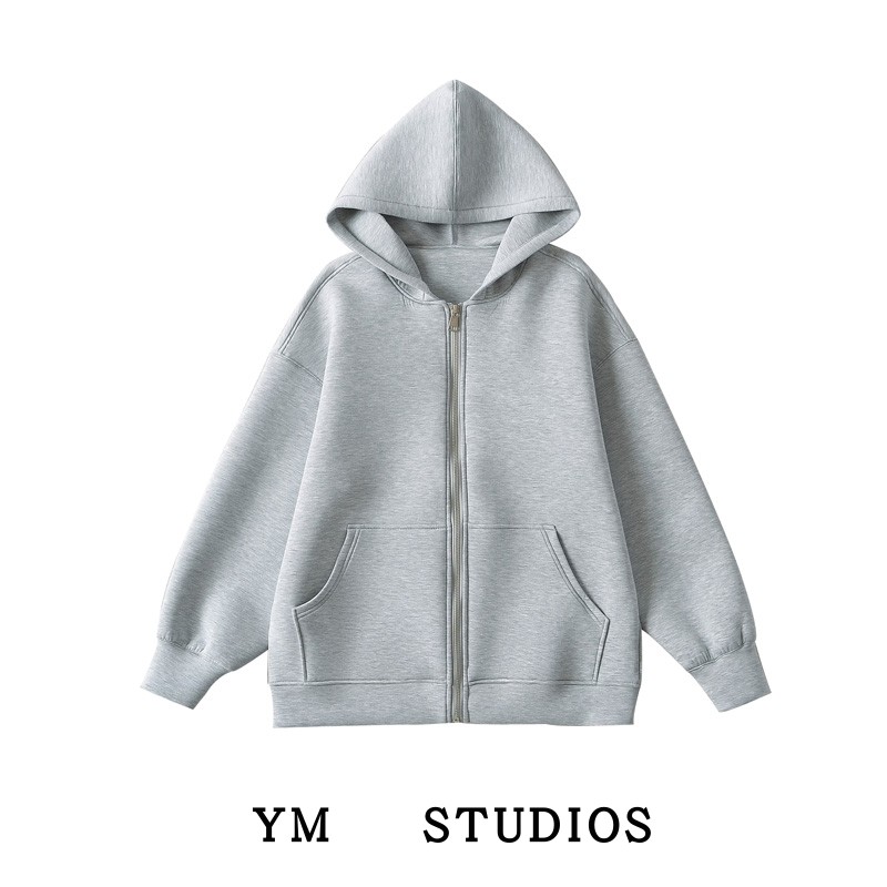灰色连帽空气层拉链卫衣宽松