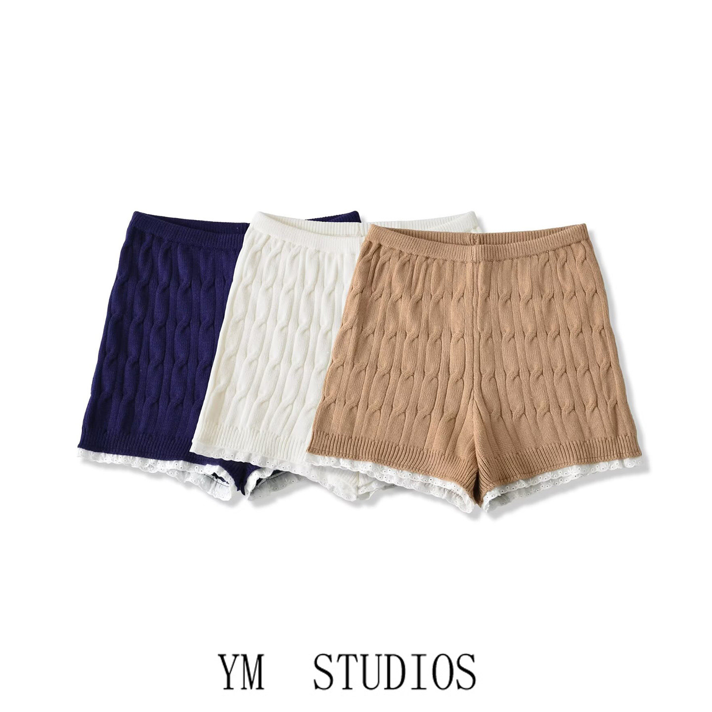 欧美女装   甜美系复古麻花针织短裤女高腰蕾丝花边拼接打底热裤