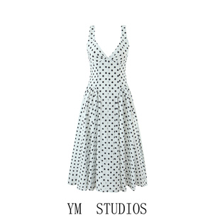 欧美女装   法式复古V领波点印花连衣裙无袖收腰高级感大摆长裙子