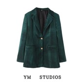 高级感西装 美式 复古绿色条纹丝绒西装 领气质女士显瘦百搭休闲外套