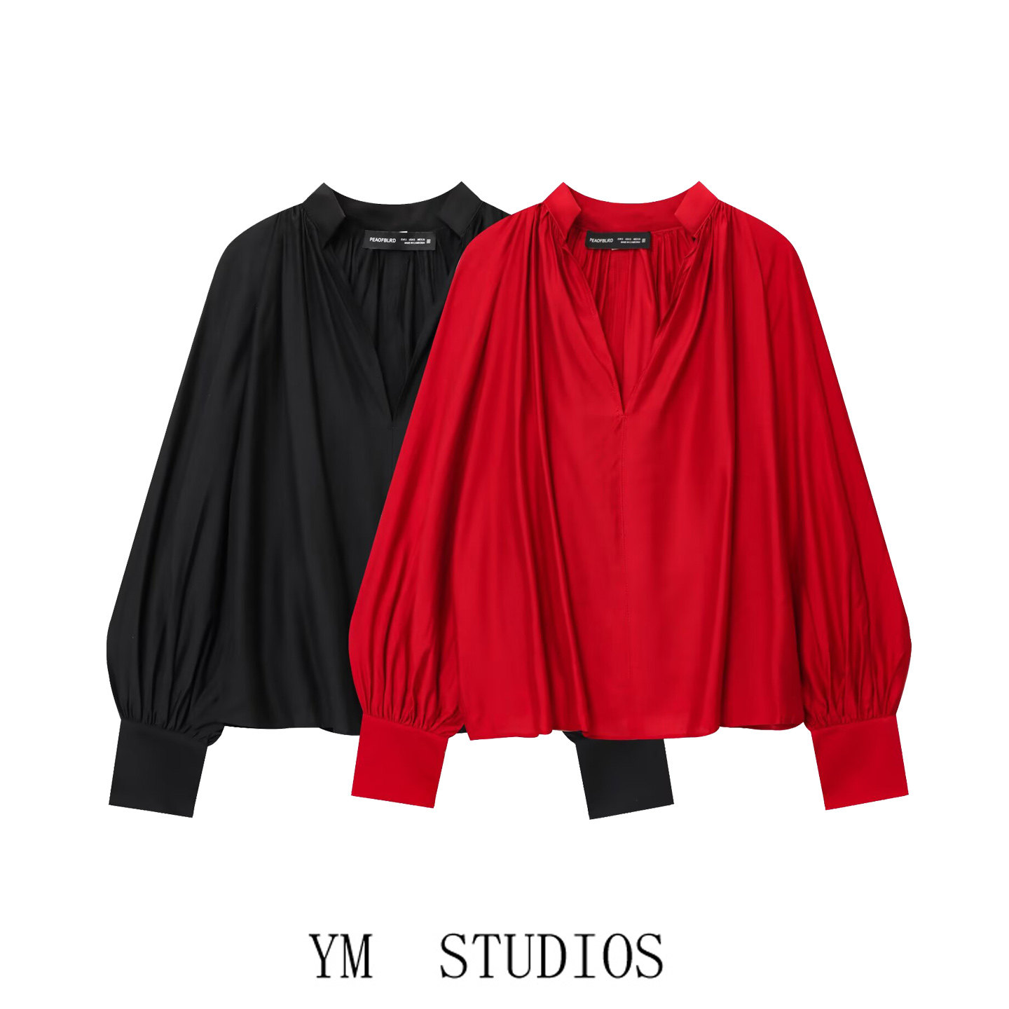 复古V领灯笼袖衬衫女宽松