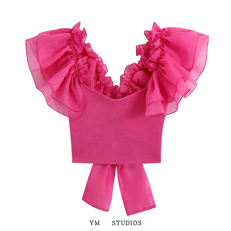 澳洲叠层欧根纱袖子玫红色背心