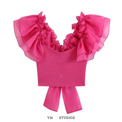 澳洲叠层欧根纱袖子玫红色背心