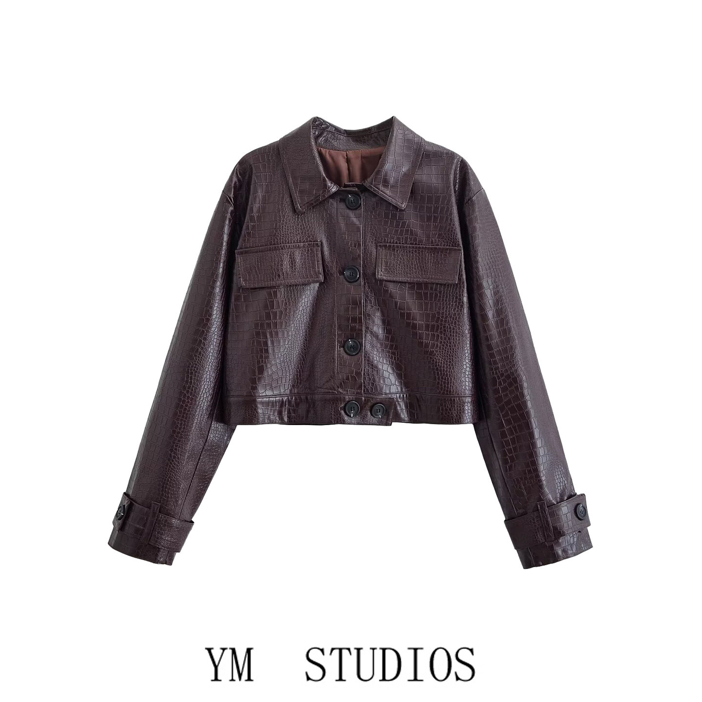 欧美女装   酷飒街头风翻领短款皮衣女鳄鱼纹亮面纽扣夹克外套春