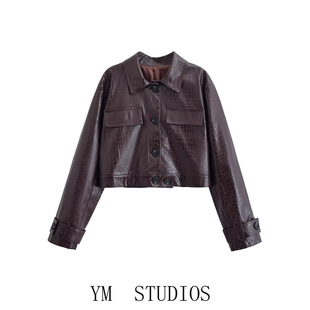 欧美女装   酷飒街头风翻领短款皮衣女鳄鱼纹亮面纽扣夹克外套春