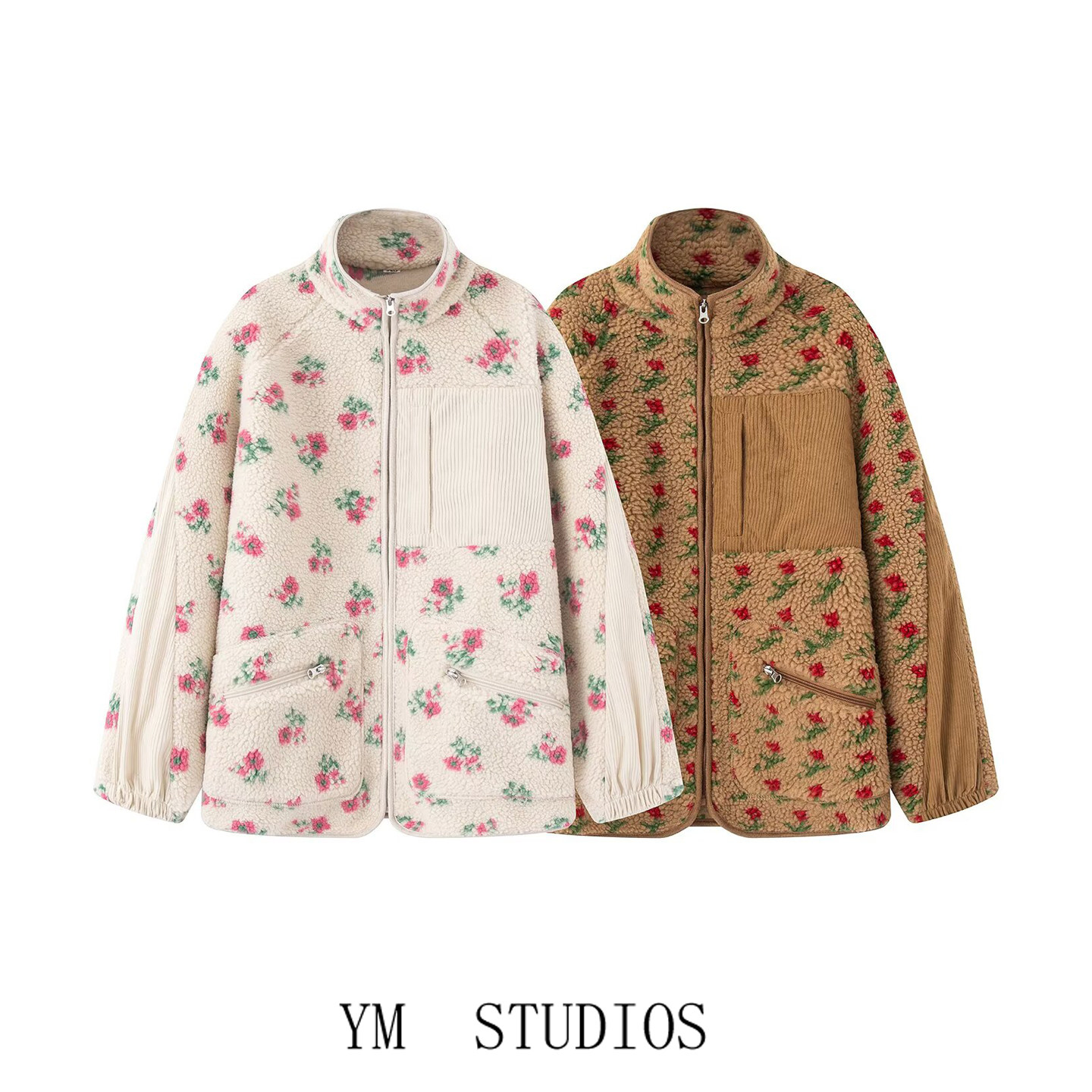 复古碎花摇粒绒立领拉链卫衣