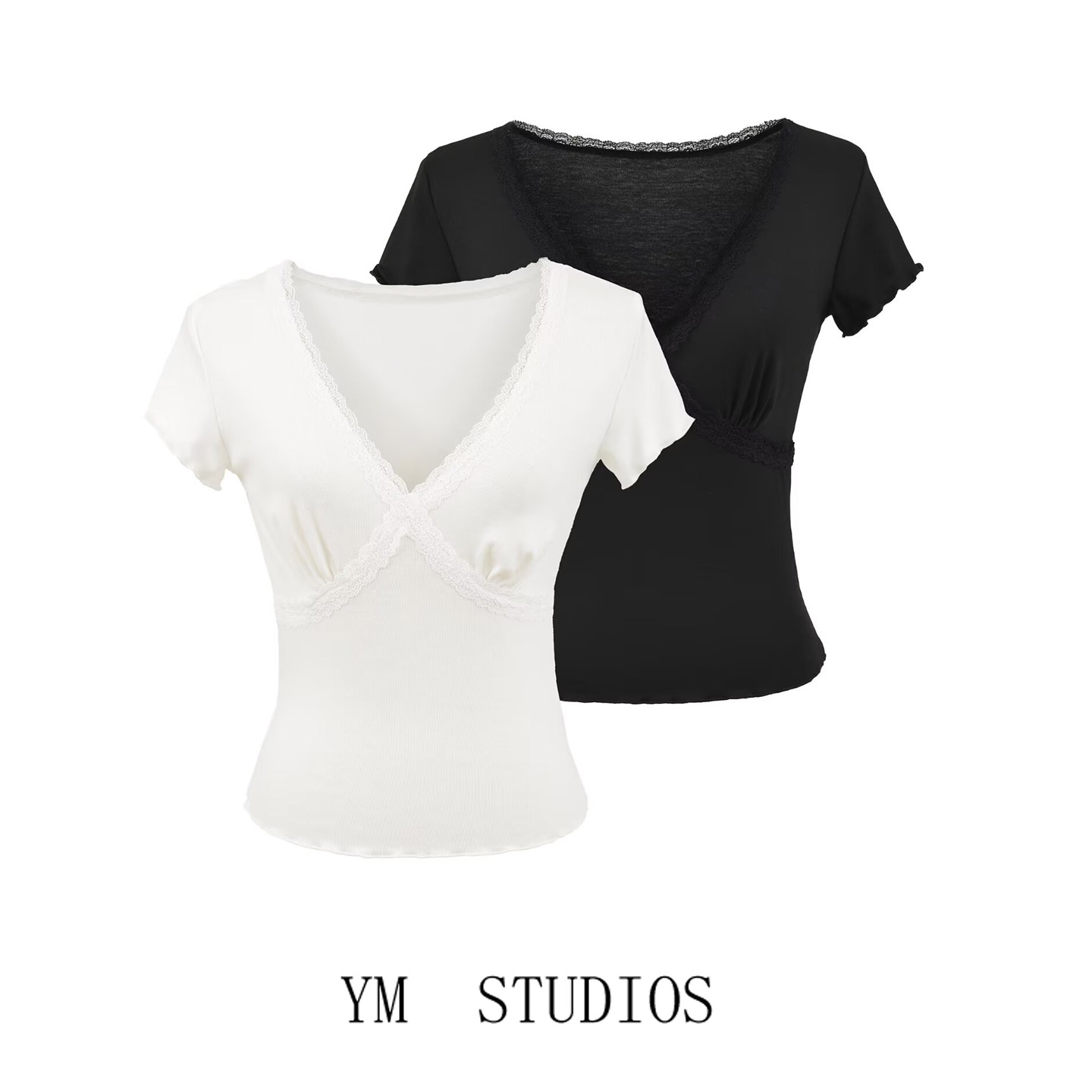 欧美女装法式蕾丝花边拼接v领短袖t恤女短款高弹百搭辣妹上衣