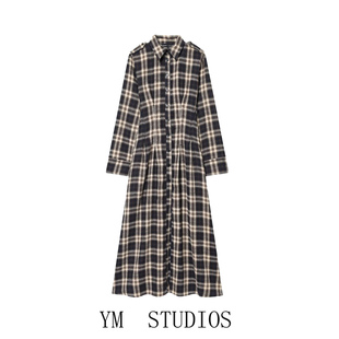 欧美女装   2026年春装复古小打褶格纹衬衫式连衣裙长袖收腰长裙