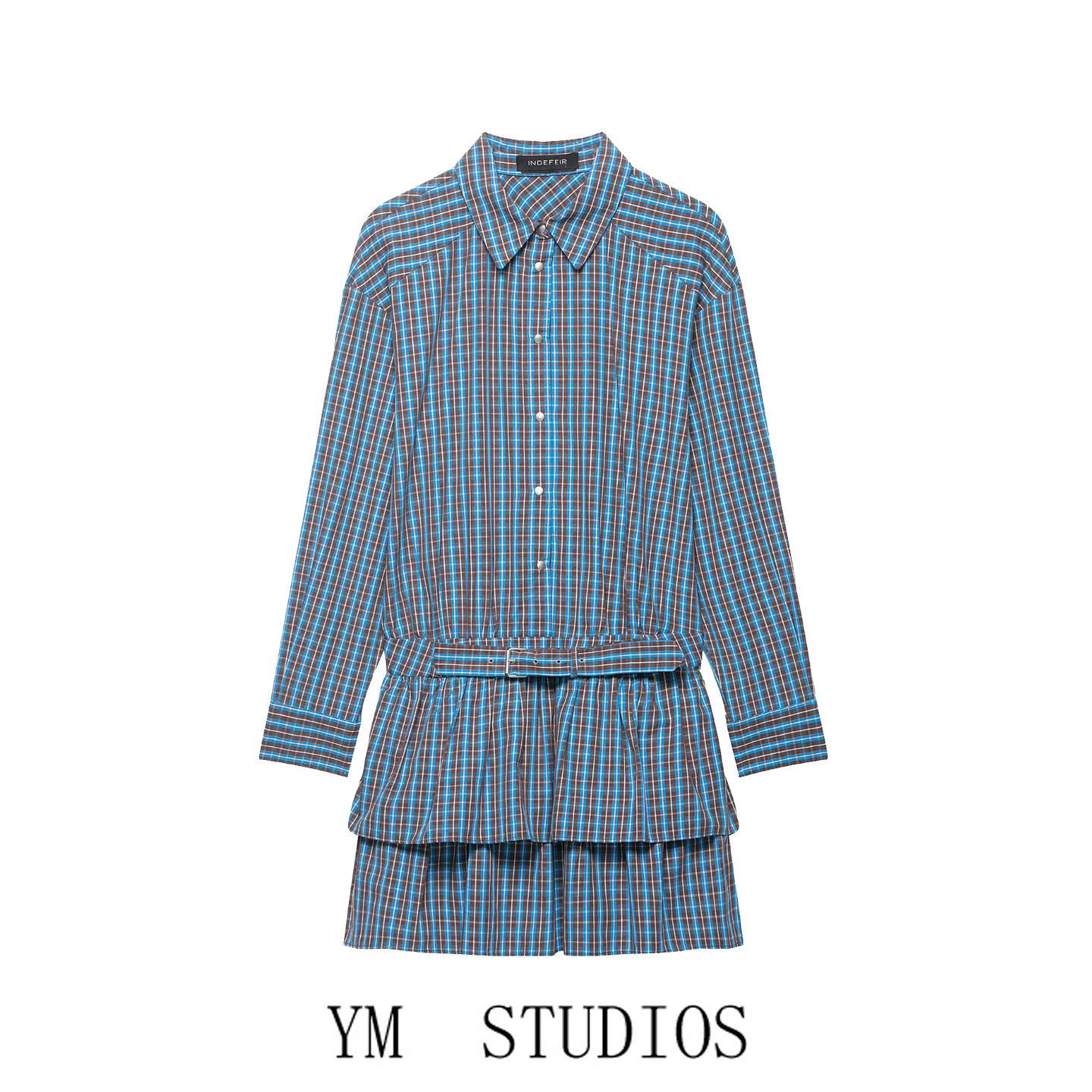 欧美女装   学院风蓝色格子衬衫式连衣裙早春翻领长袖收腰短裙子