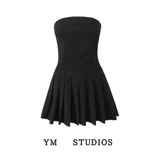 【包邮】复古美院辣妹无袖黑色抹胸连衣裙收腰紧身礼服小短裙黑裙